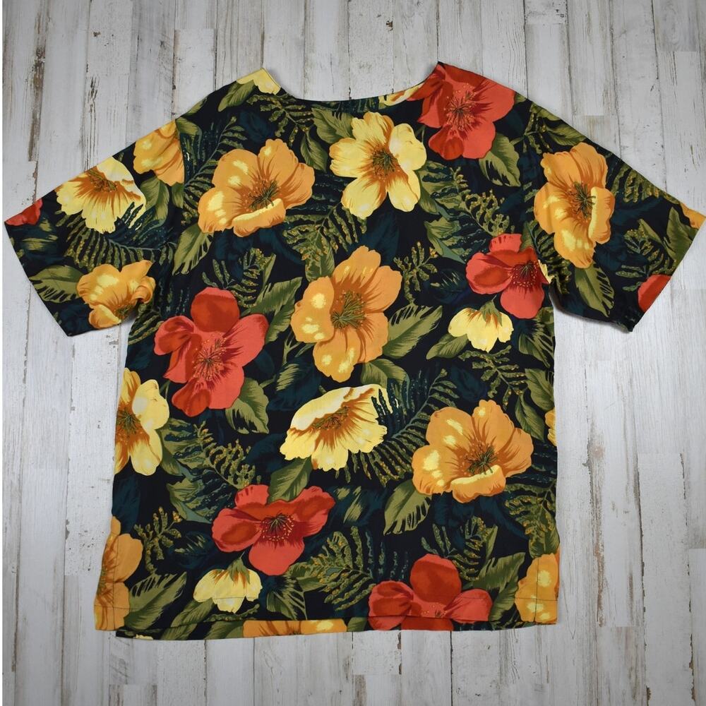 Vintage Tropical Floral Silk Top Women's Medium Loose Boxy Fit Shirt Hawaiian M
